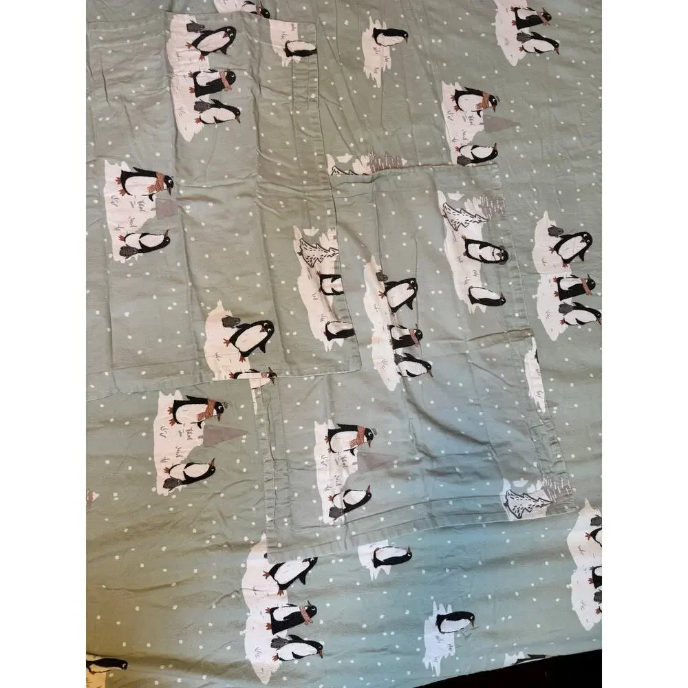 True North Playful Holiday Winter Penguins Mint Green Cotton Flannel Duvet Set